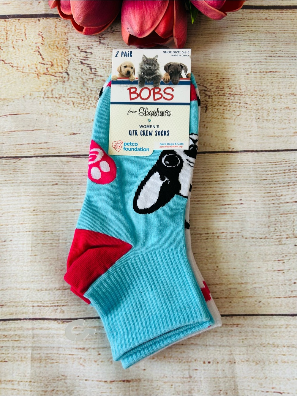 BOBS by Sketchers Women’s Blue White Dog Print Quarter Crew Socks 2 Pair NWT